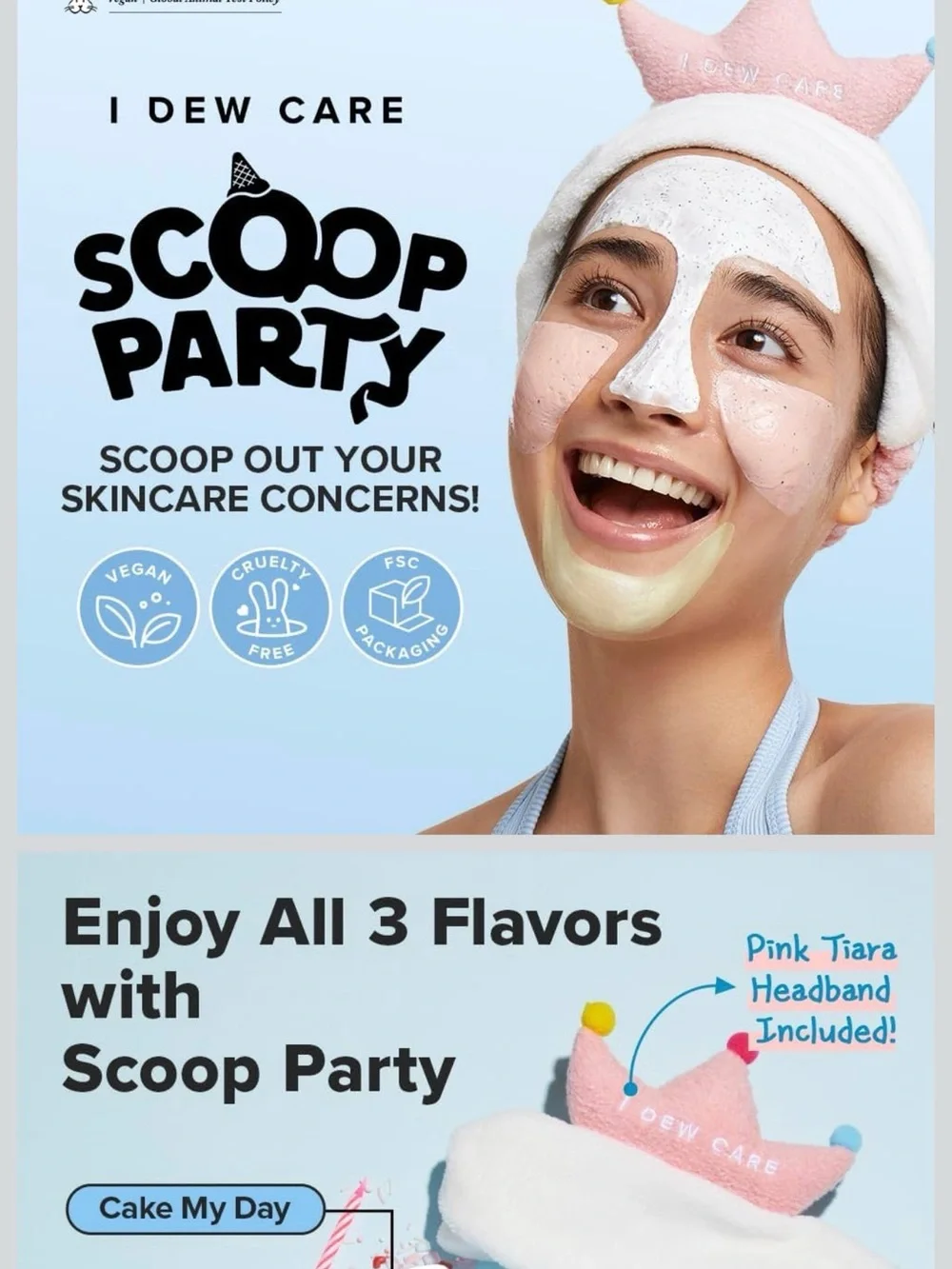 I Dew Care Scoop Party Wash-Off Mask Set + Headband Hyaluronic Vegan Face